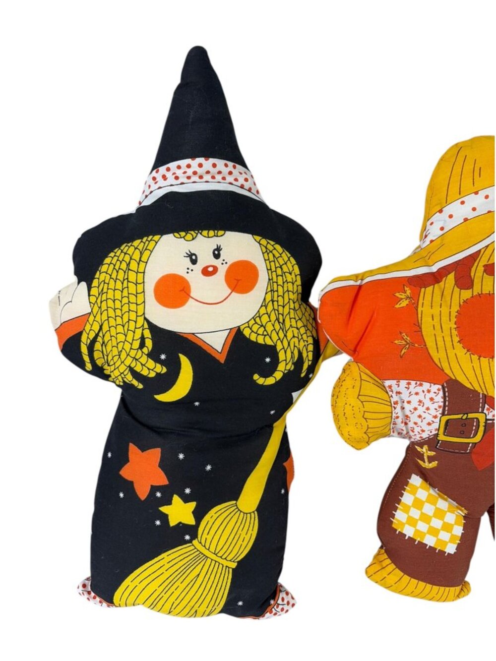 Vintage 80s Halloween Witch and Scarecrow Fabric Panel Plush Pillow Doll Cute Re